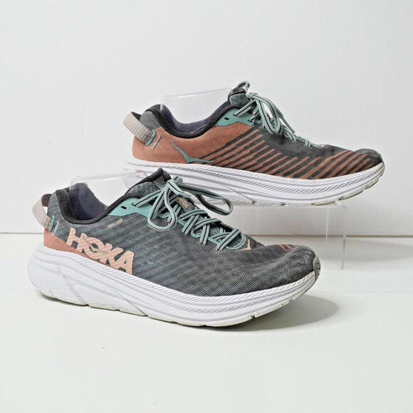 Hoka One One Rincon Womens 7.5 Gray Salmon Pink Chunky Lace Up Comfort SEE - Picture 1 of 10